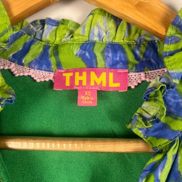 THML Green and Blue 100% cotton mini dress flutter sleeves size XS - Picture 3 of 6